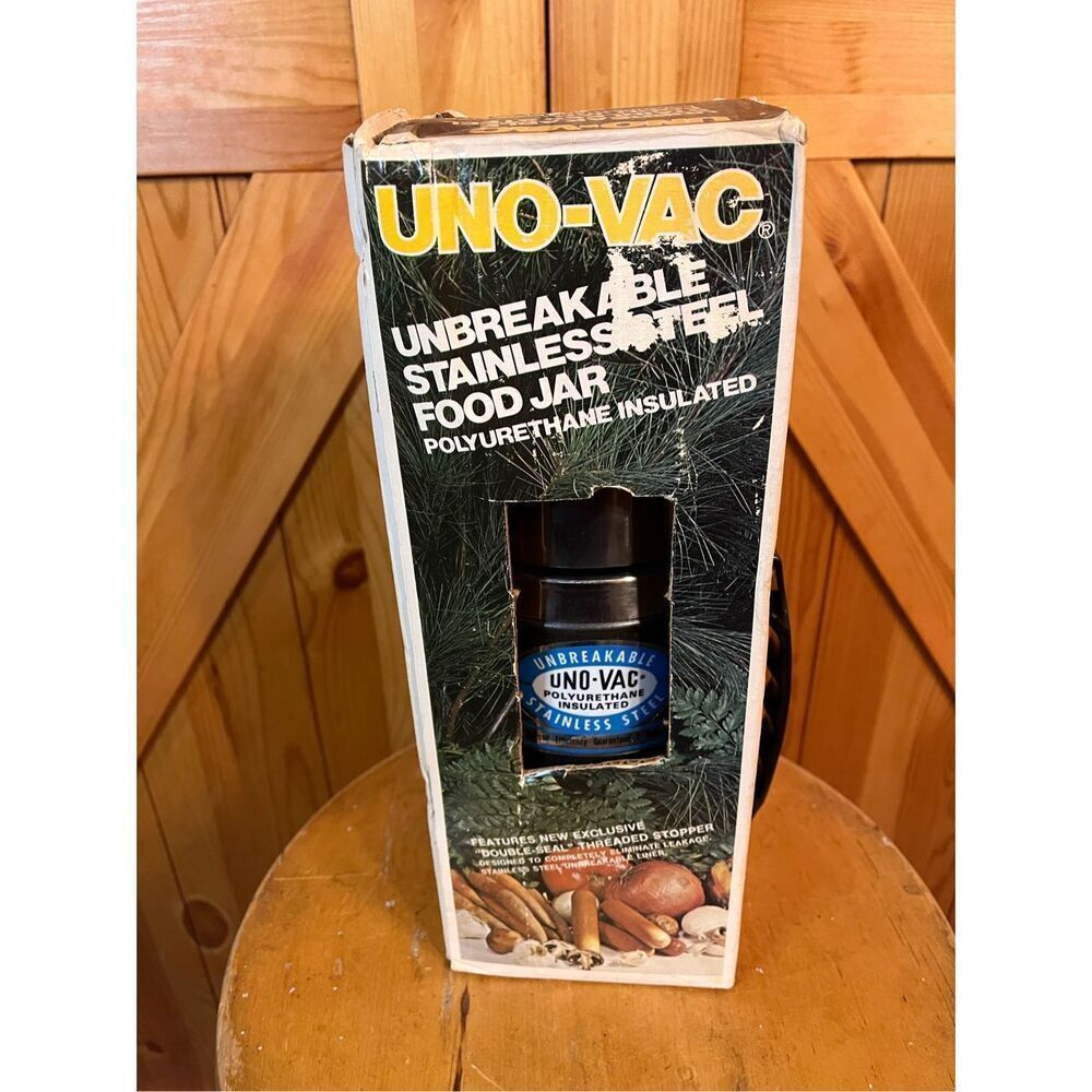 Uno-Vac Unbreakable Polyurethane Insulated Thermos Stainless Steel Vintage in bo